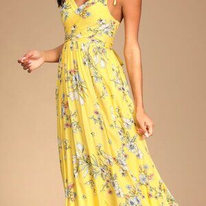 Lulu's Meadow Flowers Yellow Multi Floral Print Tie-Strap Maxi Dress